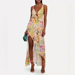 FOR LOVE & LEMONS Madison Floral Maxi Dress S Yellow Sleeveless V-neck Strappy